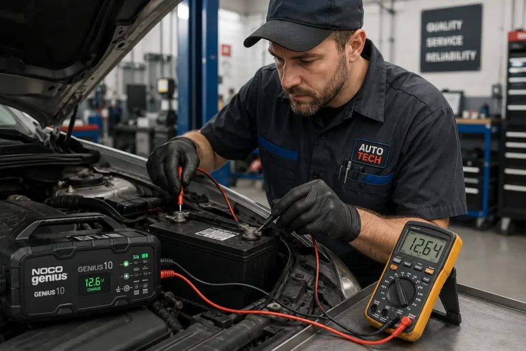 Experienced automotive technician inspecting a car battery