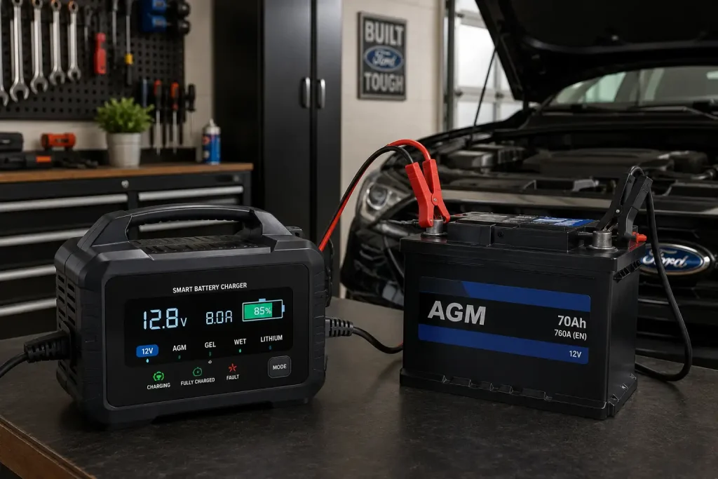 Modern automotive battery connected to a smart battery charger in a residential garage
