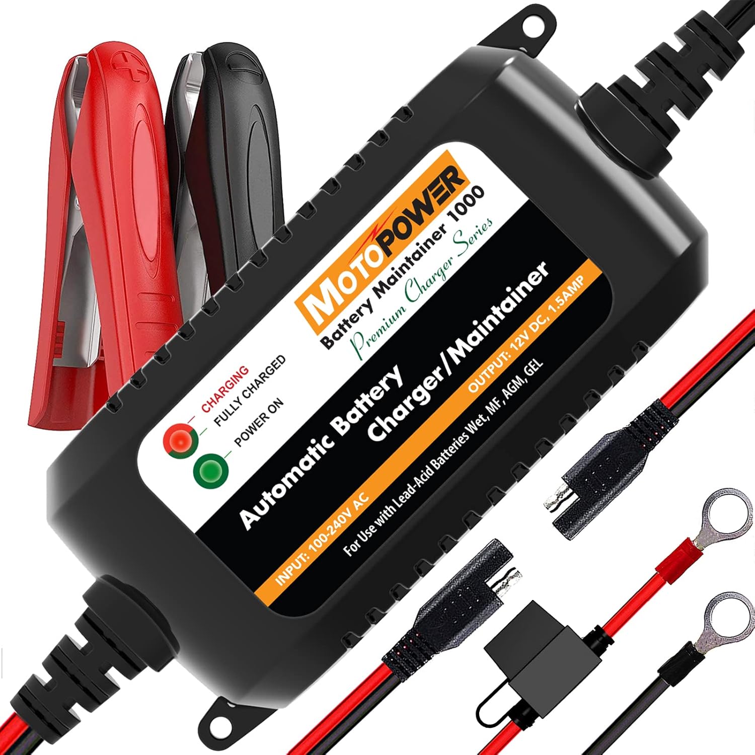 MOTOPOWER MP00206A 12V 1.5Amp Automatic Battery Charger Maintainer for Cars, Motorcycles & Boats