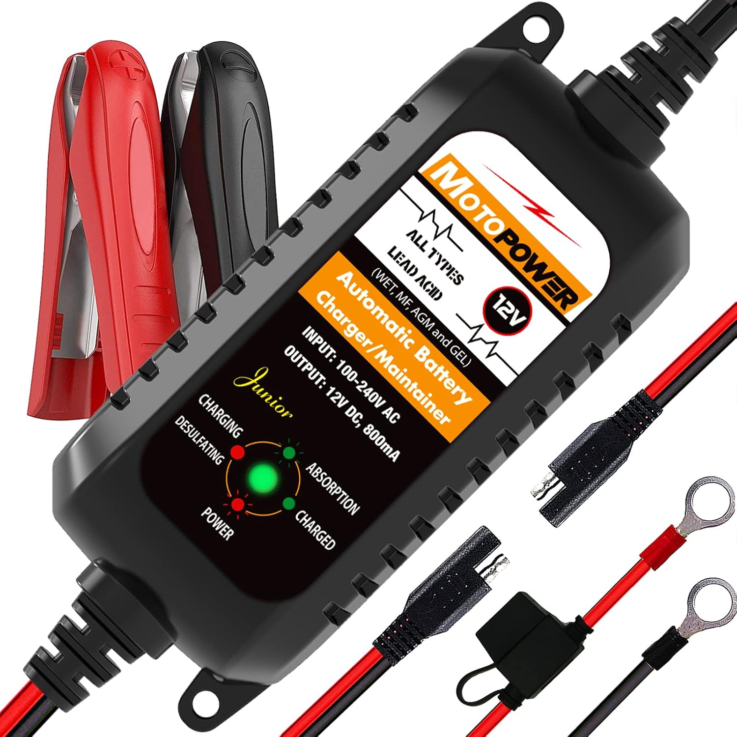 MOTOPOWER MP00205A 12V 800mA Automatic Battery Charger Maintainer: Trickle & Desulfator for Vehicles