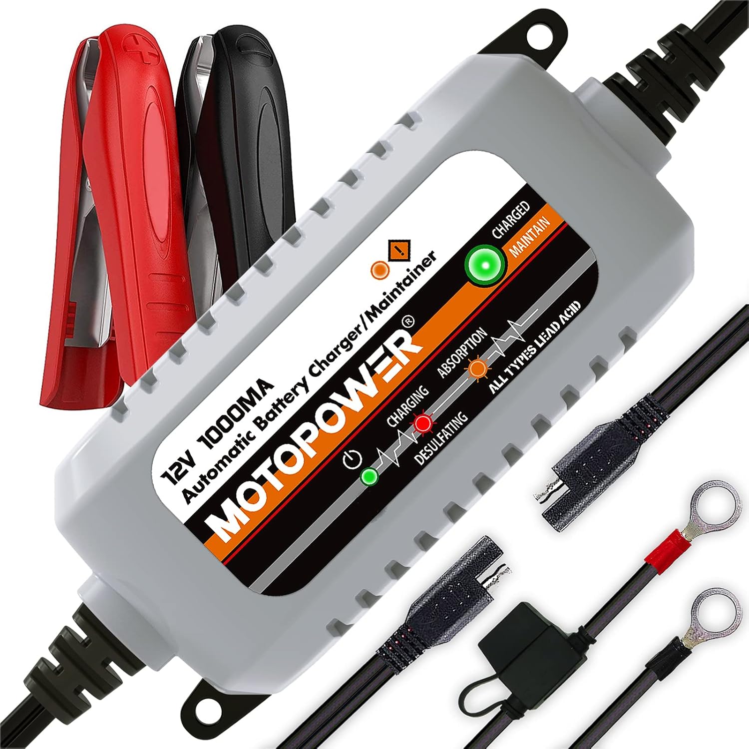 MOTOPOWER MP00205B 12V 1000mA Automatic Battery Charger Maintainer, Trickle & Desulfator with Timer Protection