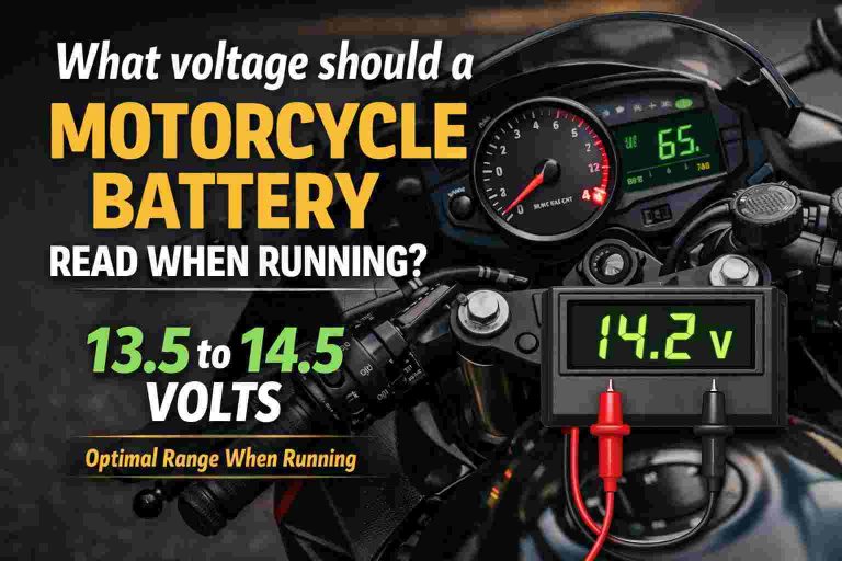 What voltage should a motorcycle battery read when running