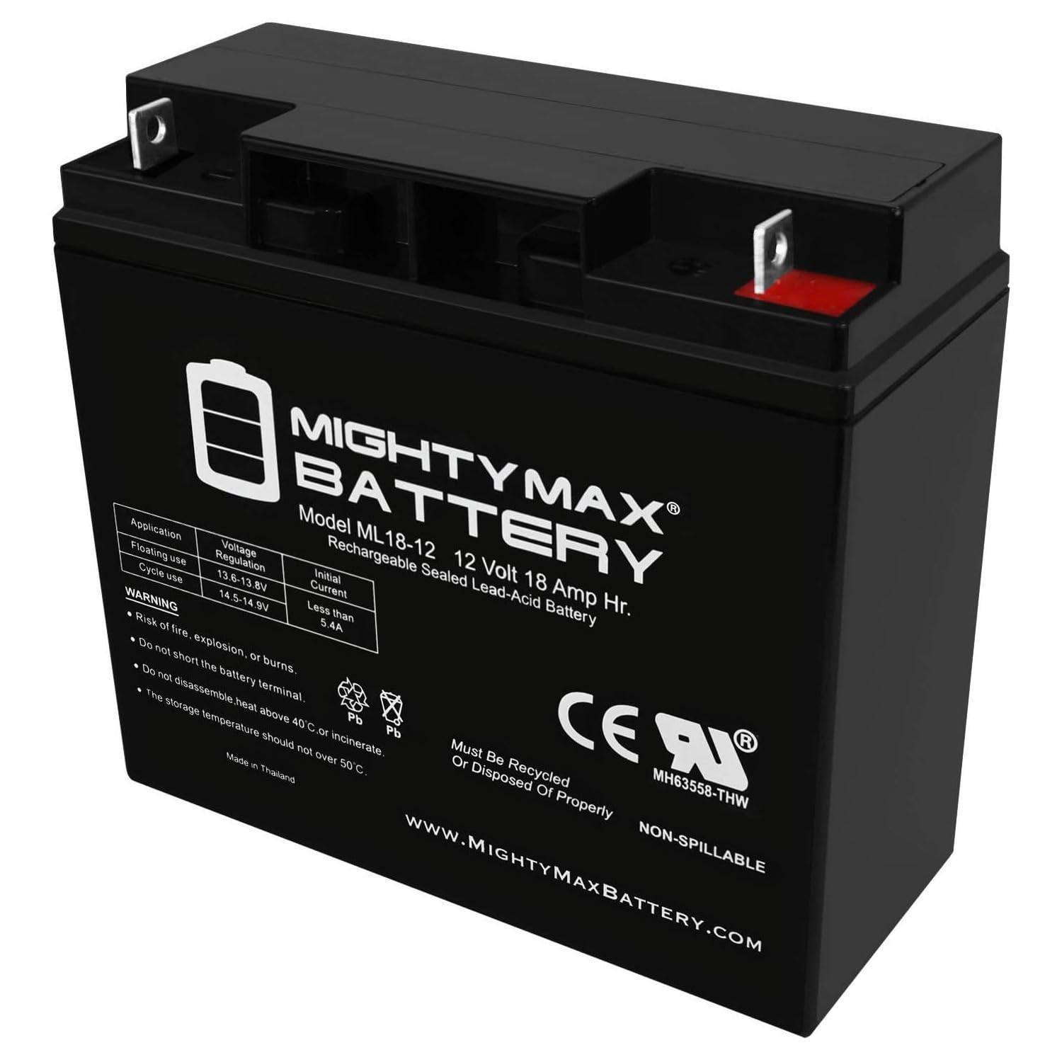 Mighty Max Battery ML18-12 - 12 Volt 18 AH, Nut and Bolt  Terminal, Rechargeable