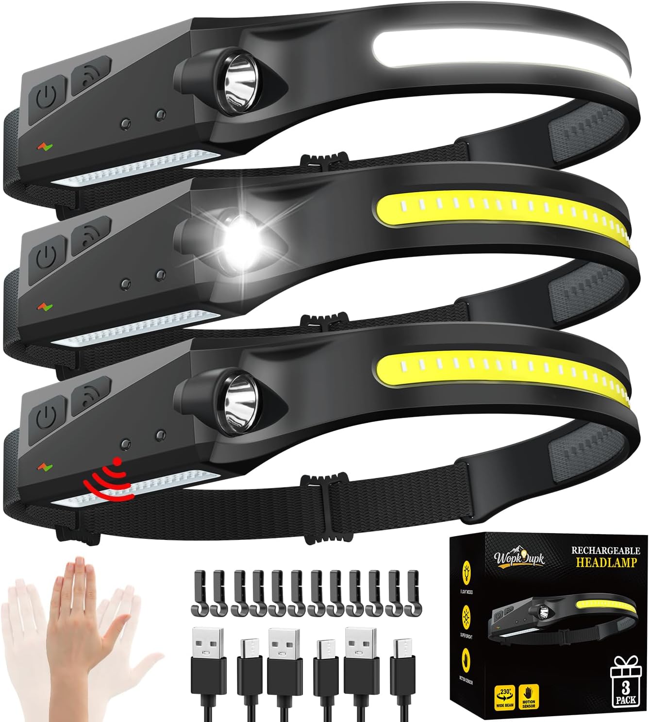 3PCS Rechargeable Headlamp with 230° Beam, Motion Sensor, 5 Modes – Ha