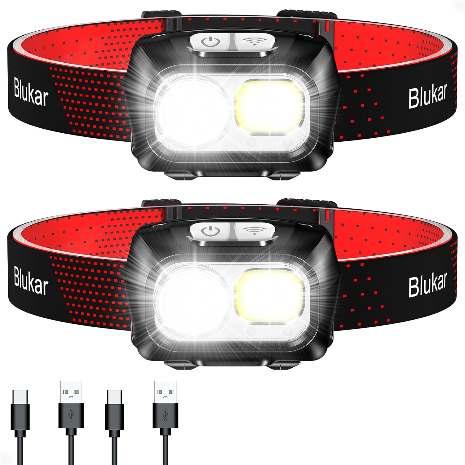 Blukar 2-Pack Rechargeable LED Headlamp: 2000 Lumen, Motion Sensor, Di