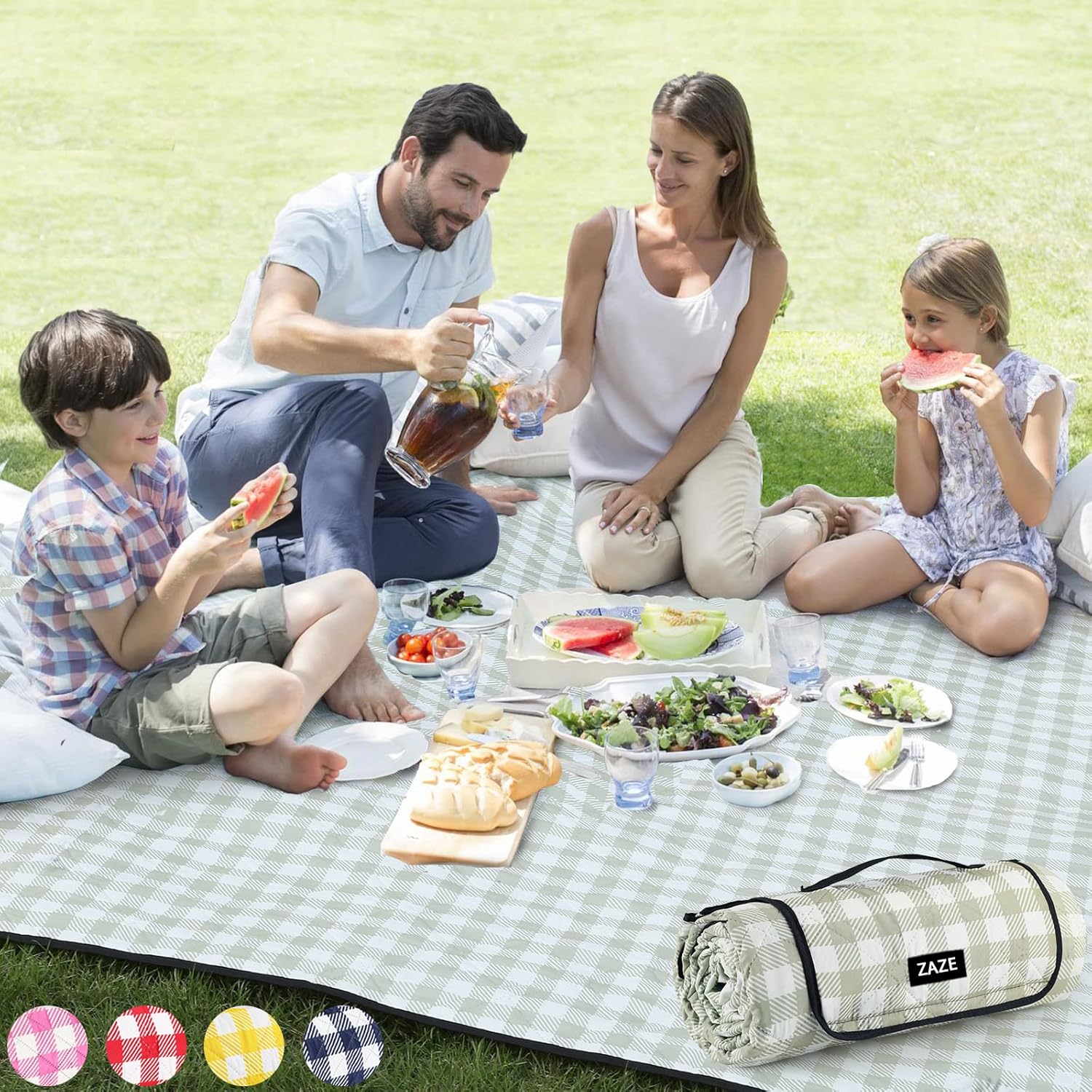 ZAZE Extra Large 80"x80" Waterproof Picnic Blanket – Foldable Gingham 