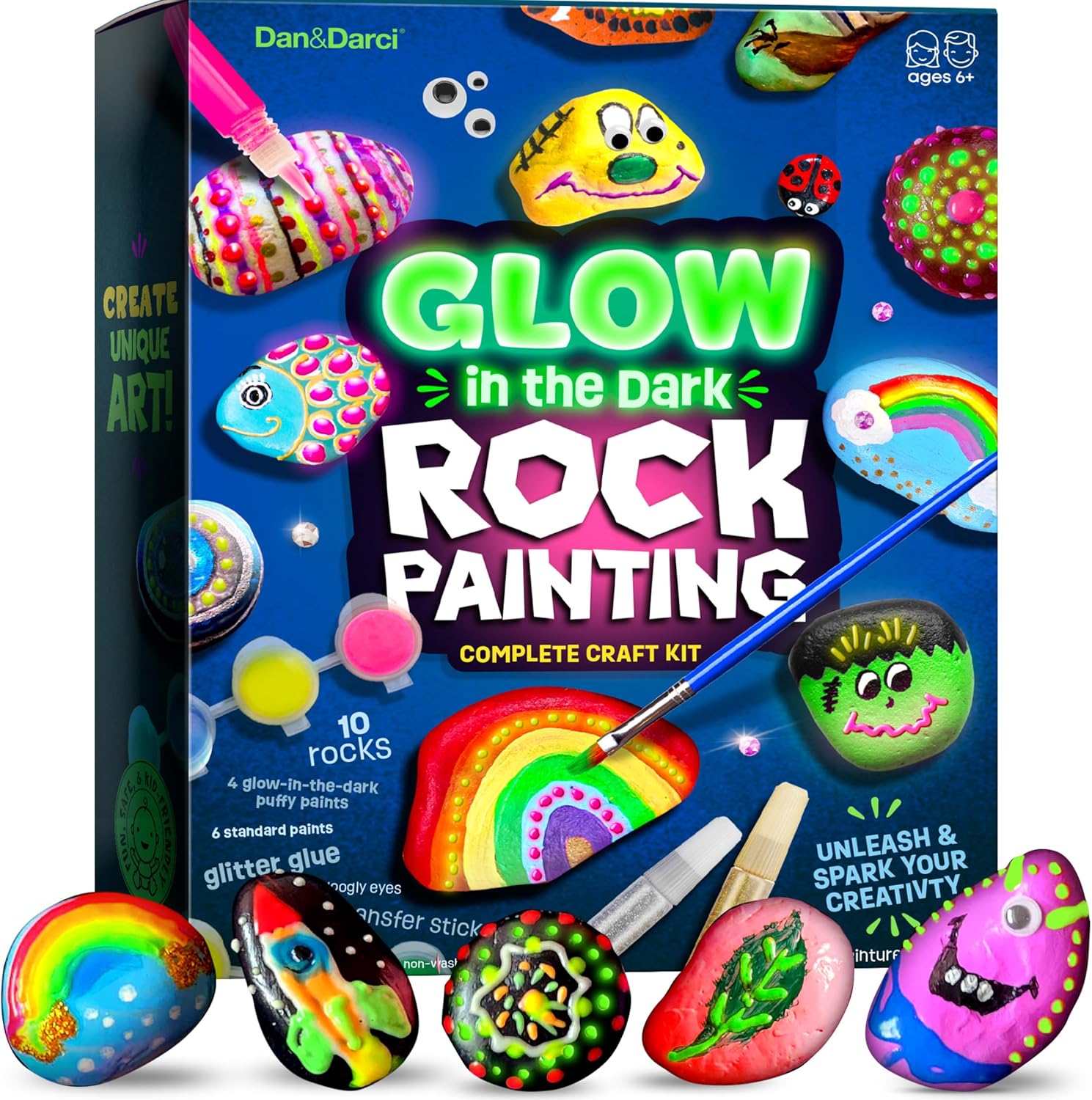 Dan&Darci Kids Rock Painting Kit – Glow‑in‑the‑Dark Rocks, Creative Ar