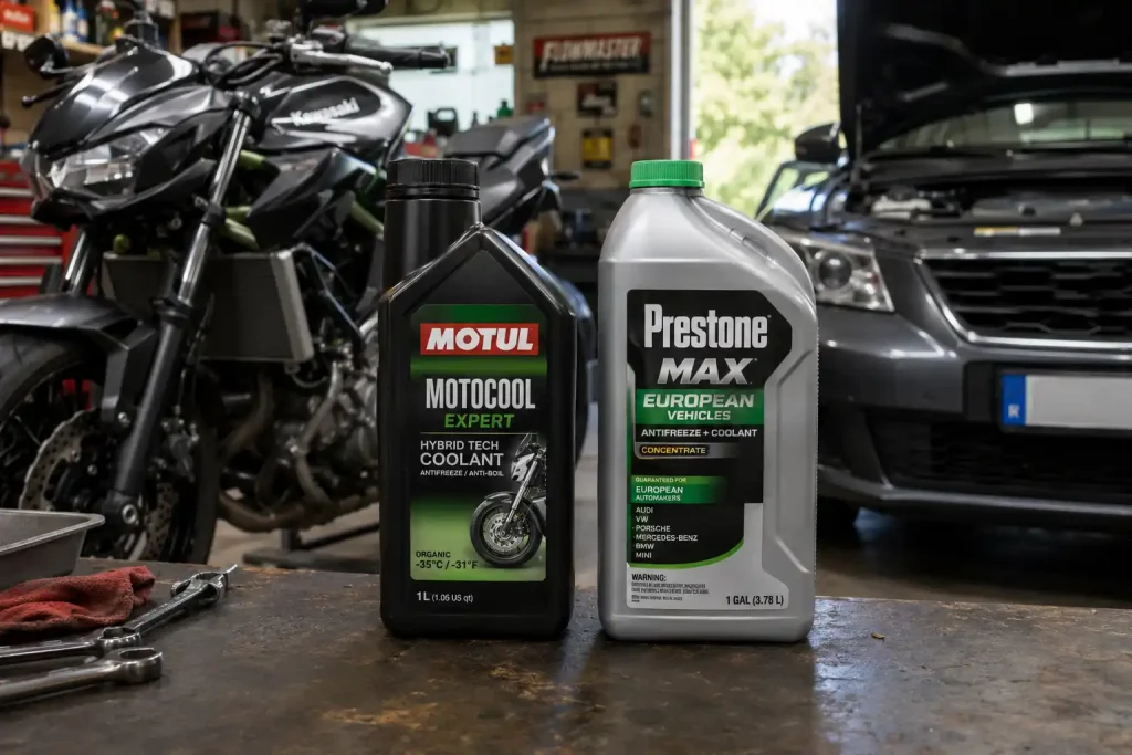 Can You Use Motorcycle Coolant in a Car? 1 Bottles of motorcycle coolant and automotive coolant placed side by side on a garage