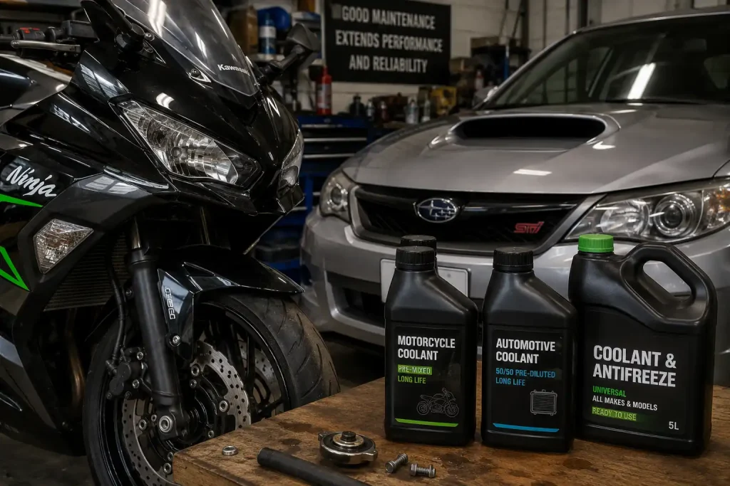 Is Motorcycle Coolant the Same as Car Coolant? 1 Close up of a motorcycle and a car parked side by side in a garage with coolant bottles on a workbench 1