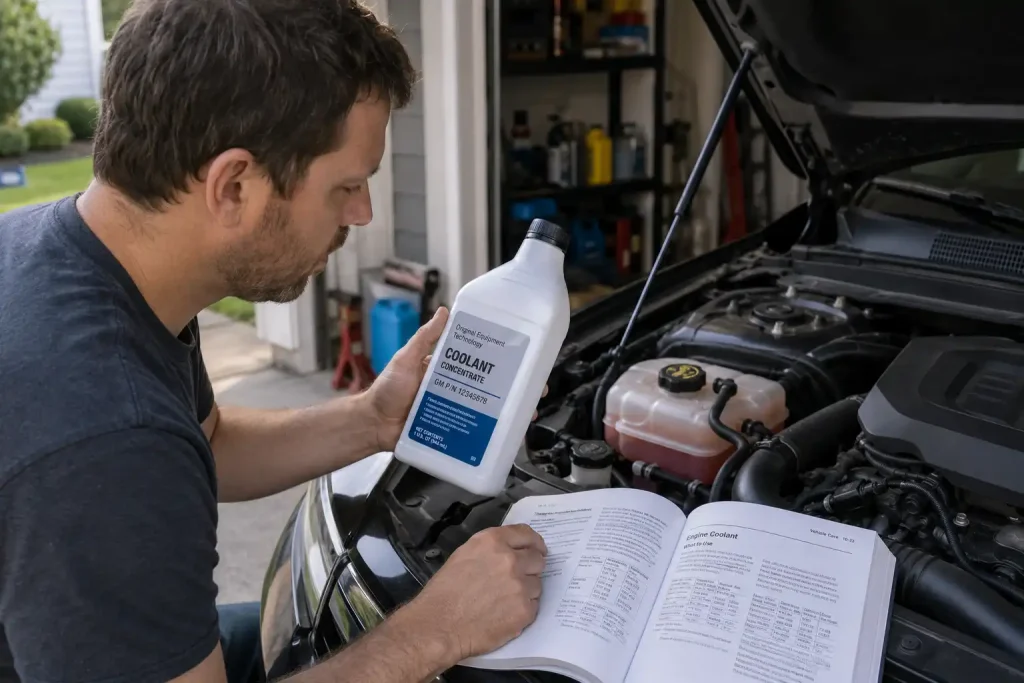 Can You Use Motorcycle Coolant in a Car? 2 Driver reading coolant specifications on a coolant bottle while comparing it to a vehicle owner's manual beside an open car hood