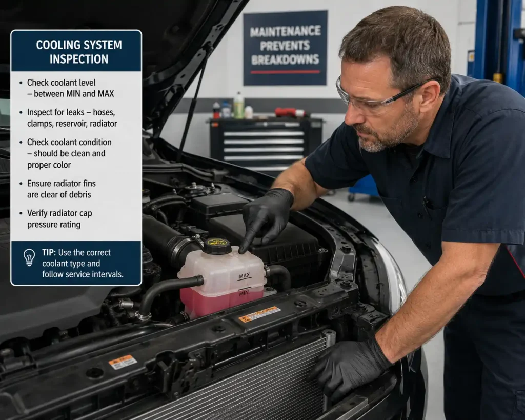 Can You Use Motorcycle Coolant in a Car? 3 Experienced mechanic inspecting coolant reservoir and radiator system on a modern vehicle in a clean garage
