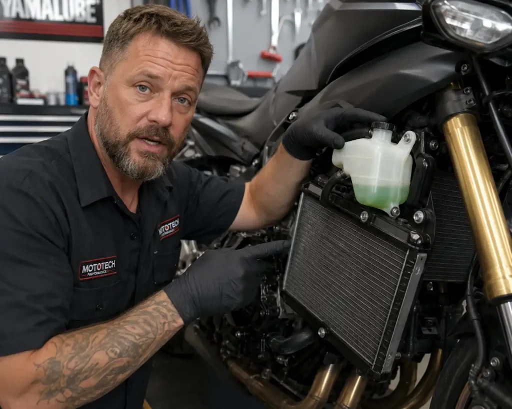 Experienced motorcycle mechanic inspecting radiator and coolant reservoir while explaining maintenance tips
