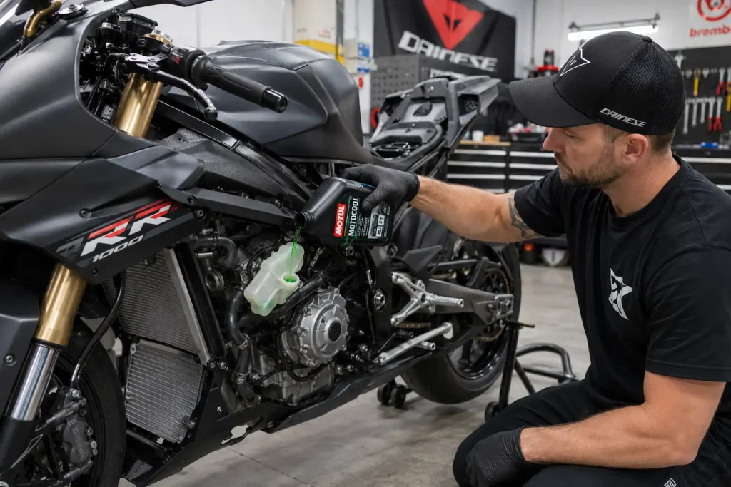 Modern sport motorcycle parked in a garage while a rider pours coolant additive into the radiator reservoir