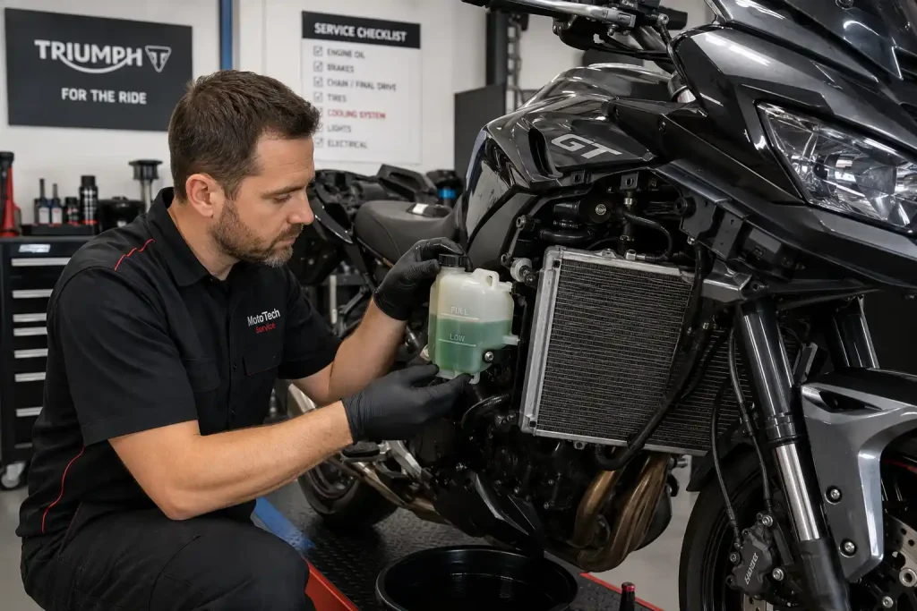 Is Motorcycle Coolant the Same as Car Coolant? 2 Motorcycle mechanic inspecting radiator fluid and coolant reservoir on a sport touring motorcycle inside a clean service garage