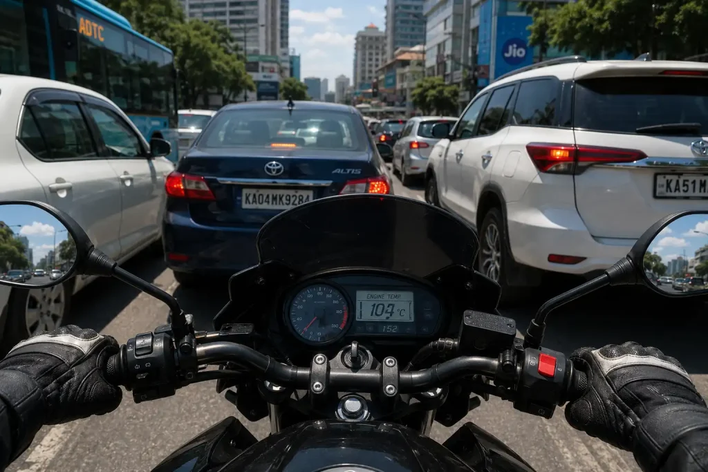 Motorcycle stuck in summer city traffic with temperature gauge visible on dashboard